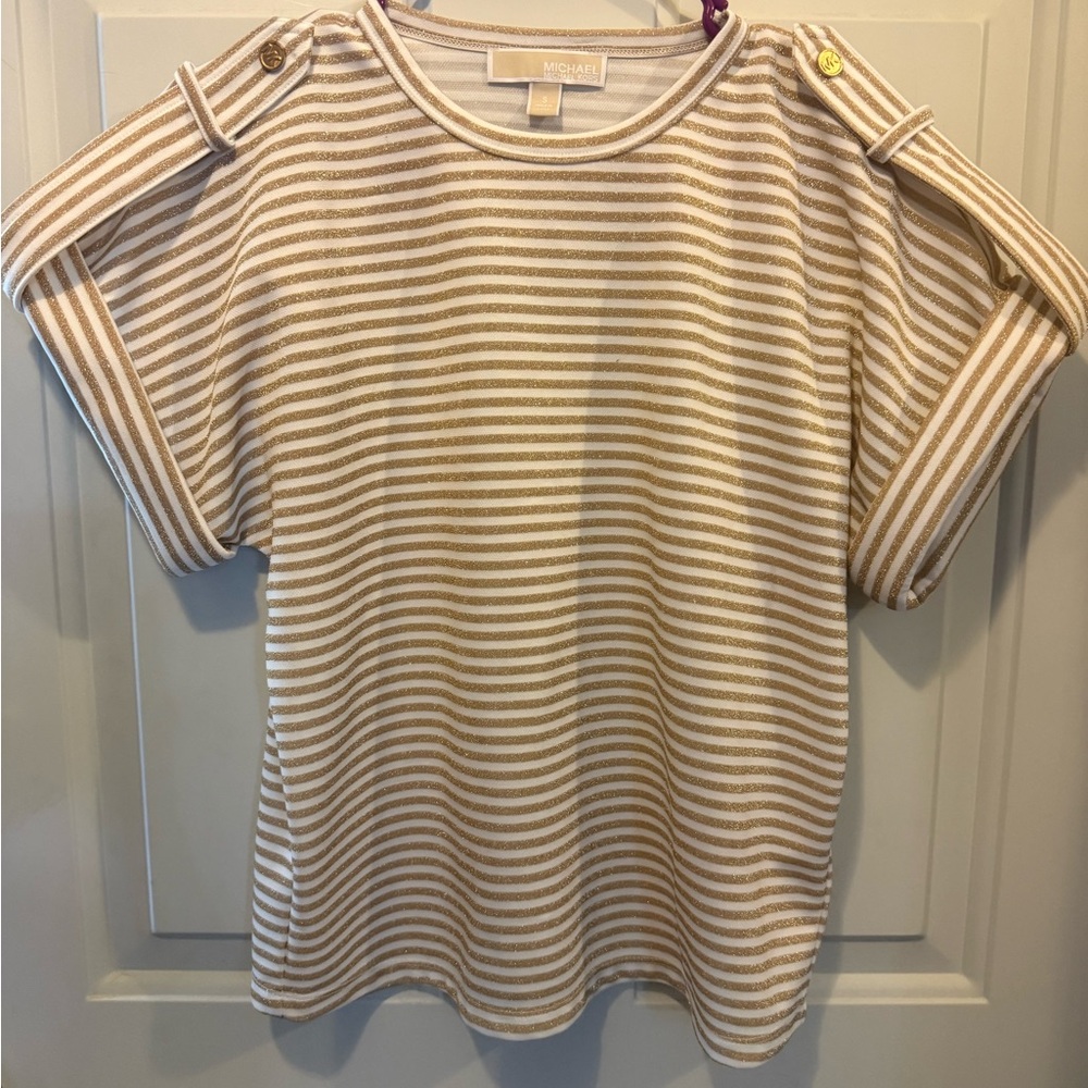 Michael Kors Cream and Gold Striped Short Sleeve Tee with Shoulder Button Detail